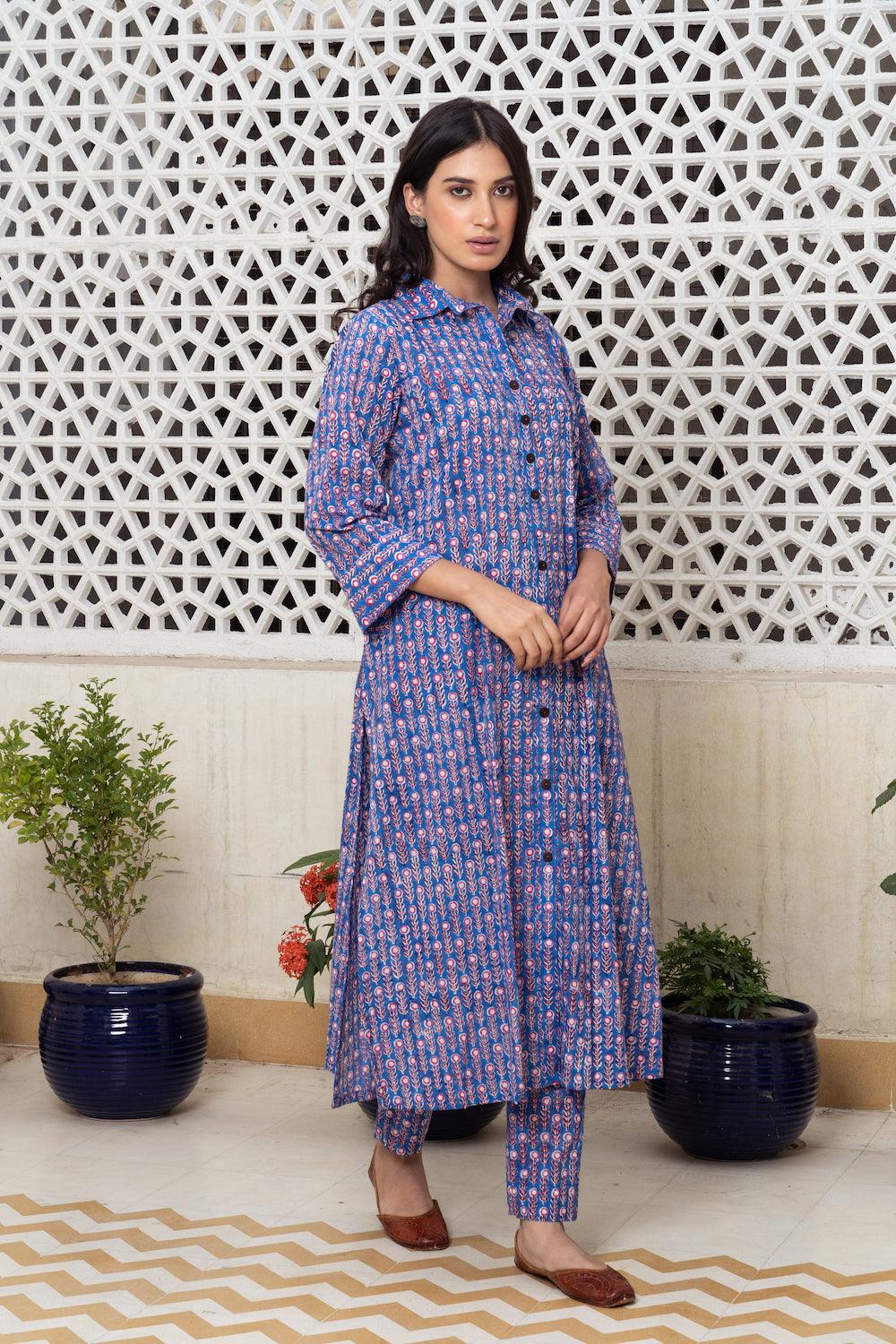 Blue hand block Kurta Set Of 2 - Indiakreations