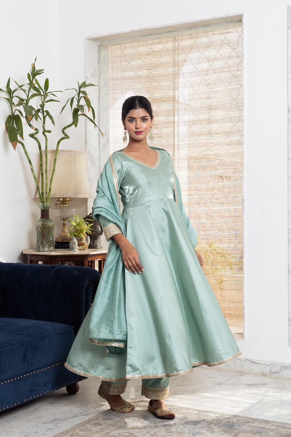 Khwabidah Pista Green Silk Anarkali Set of 3 - Indiakreations