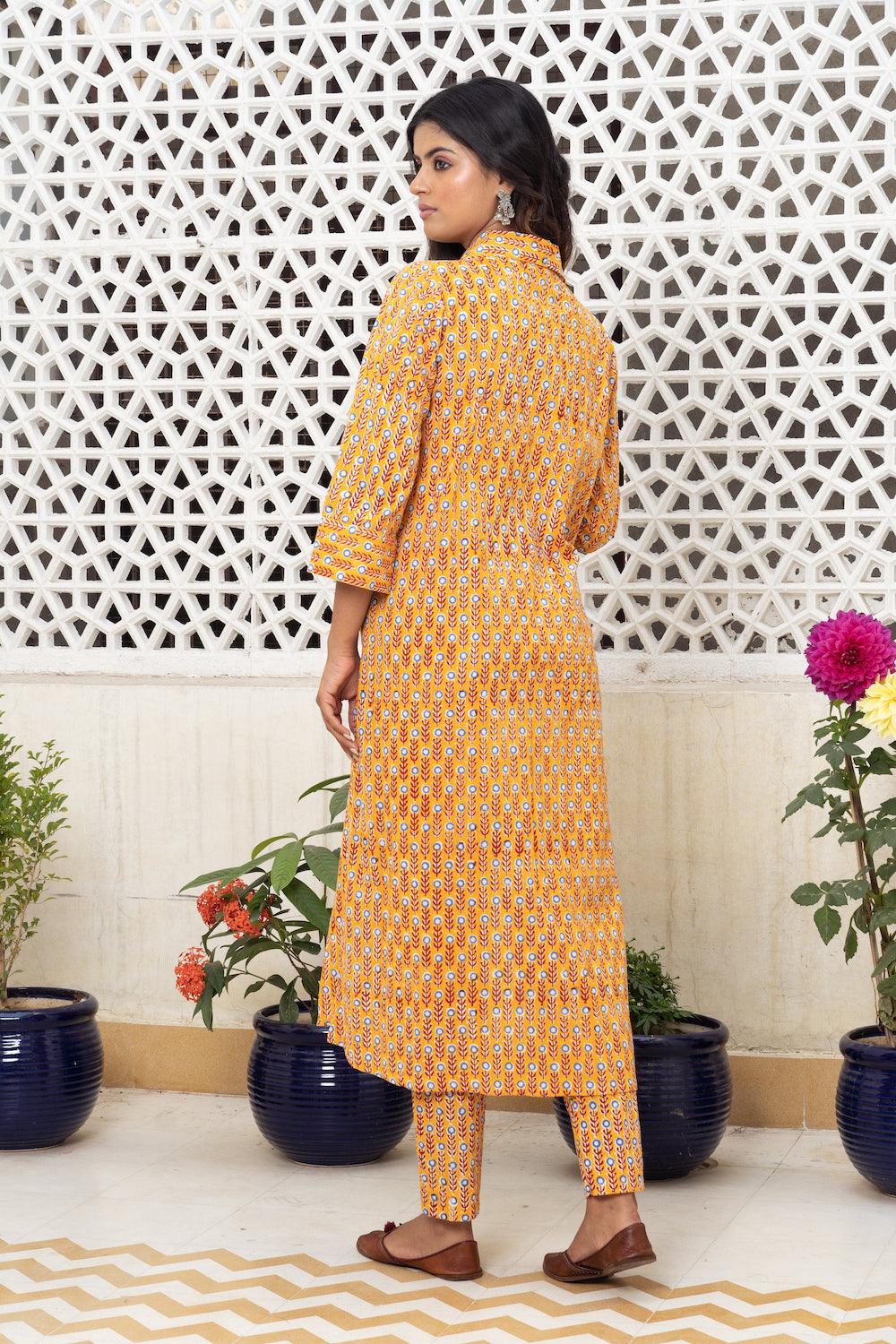 Mustard yellow hand block Kurta Set Of 2 - Indiakreations