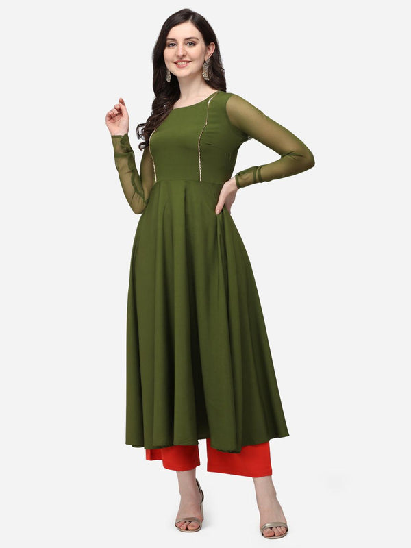 Women's Solid Olive green floor length anarkali kurta has boat neck and gota detailing on Yock - The Fab Factory - Indiakreations