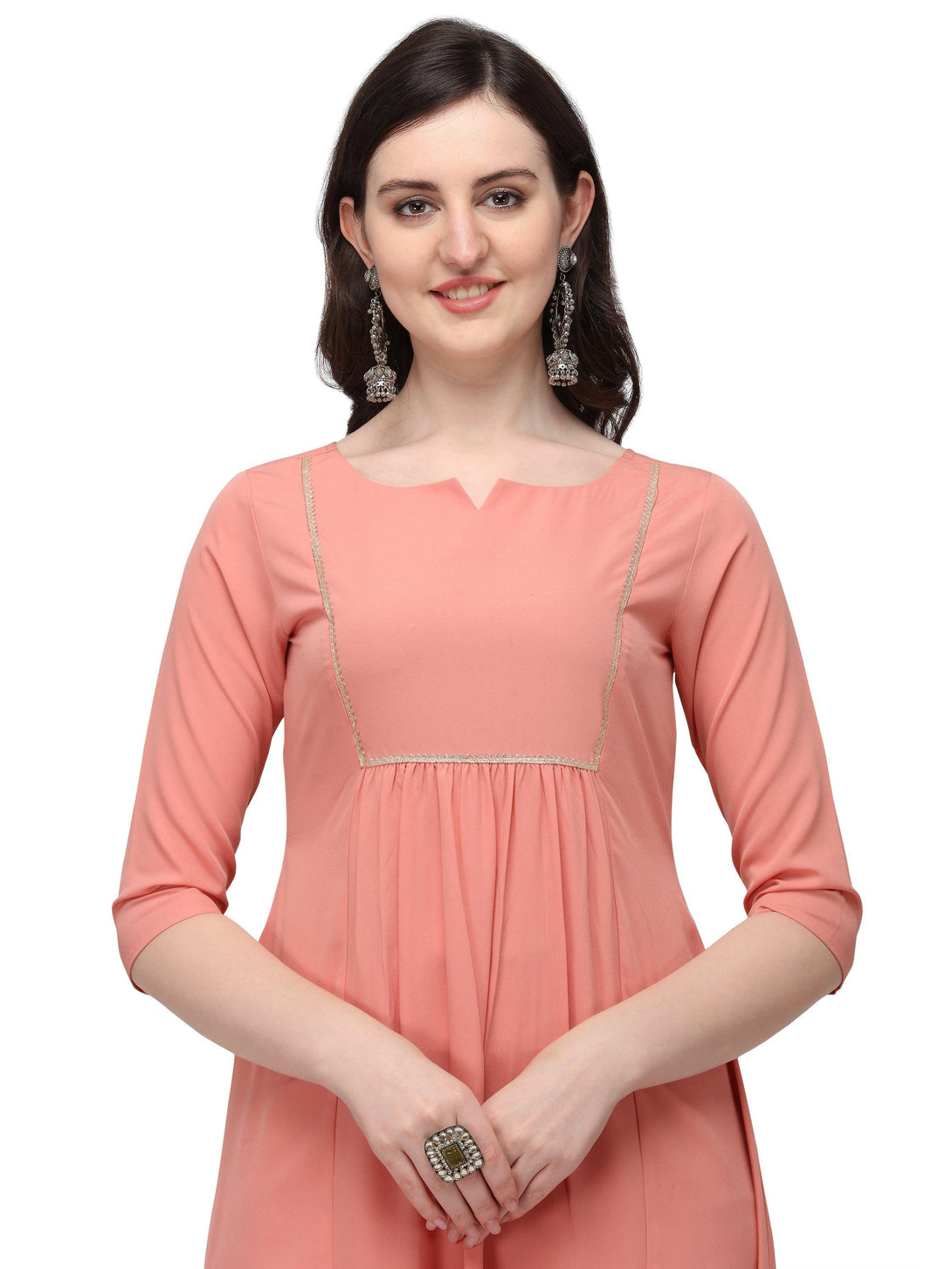 Women's Peach pink yoke design kurta with trouser and dupatta. - The Fab Factory - Indiakreations