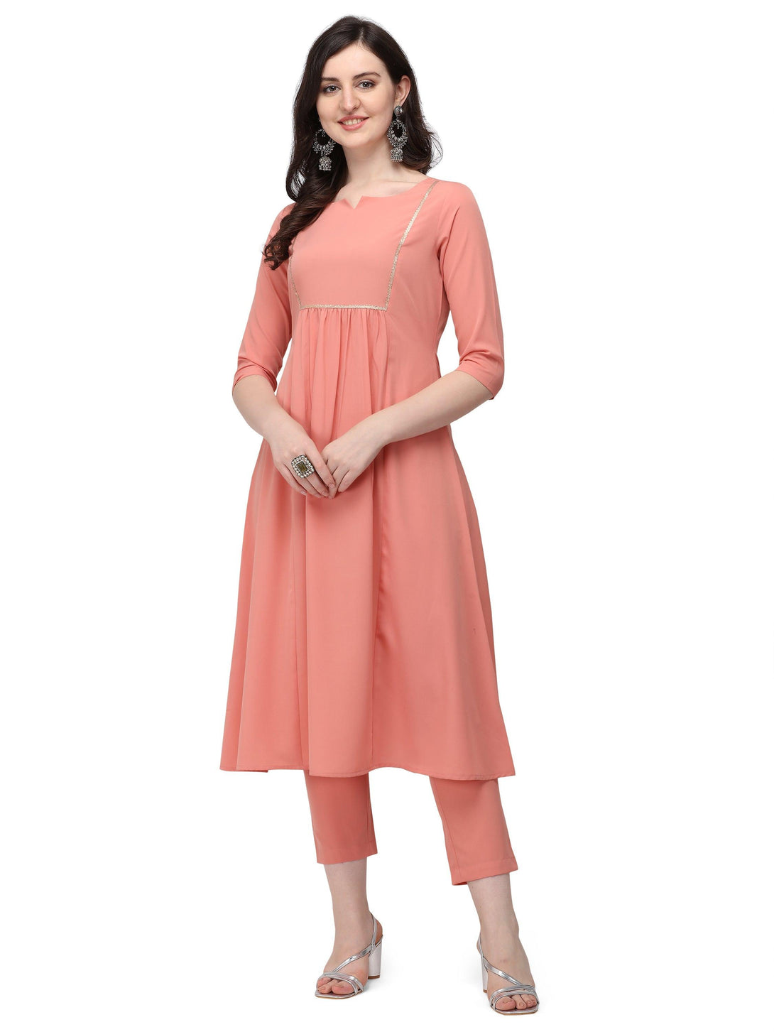 Women's Peach pink yoke design kurta with trouser and dupatta. - The Fab Factory - Indiakreations