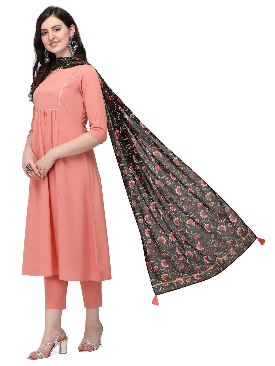 Women's Peach pink yoke design kurta with trouser and dupatta. - The Fab Factory - Indiakreations