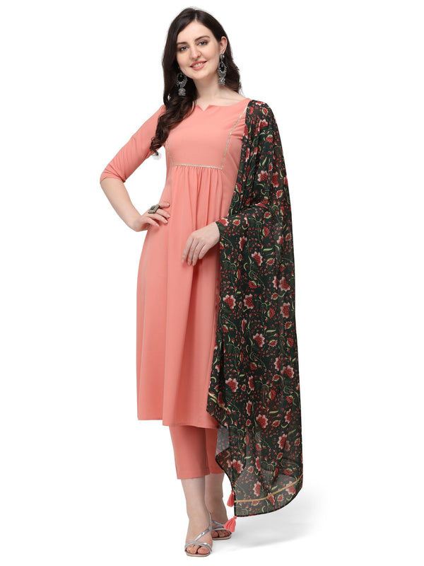 Women's Peach pink yoke design kurta with trouser and dupatta. - The Fab Factory - Indiakreations