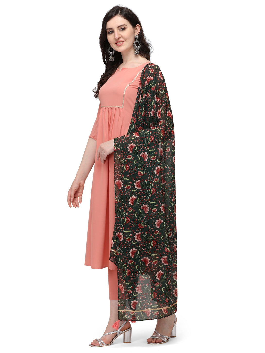 Women's Peach pink yoke design kurta with trouser and dupatta. - The Fab Factory - Indiakreations