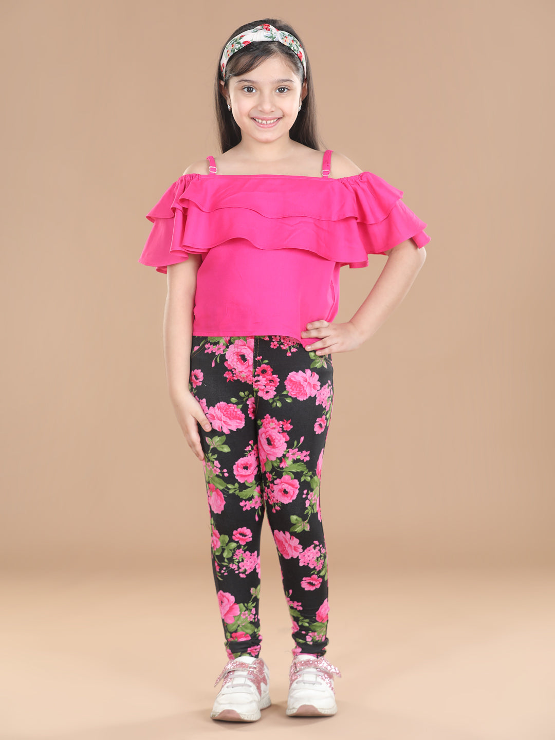 Girl's  Cotton Floral Printed Jegging With Pink Top - StyleStone Kid