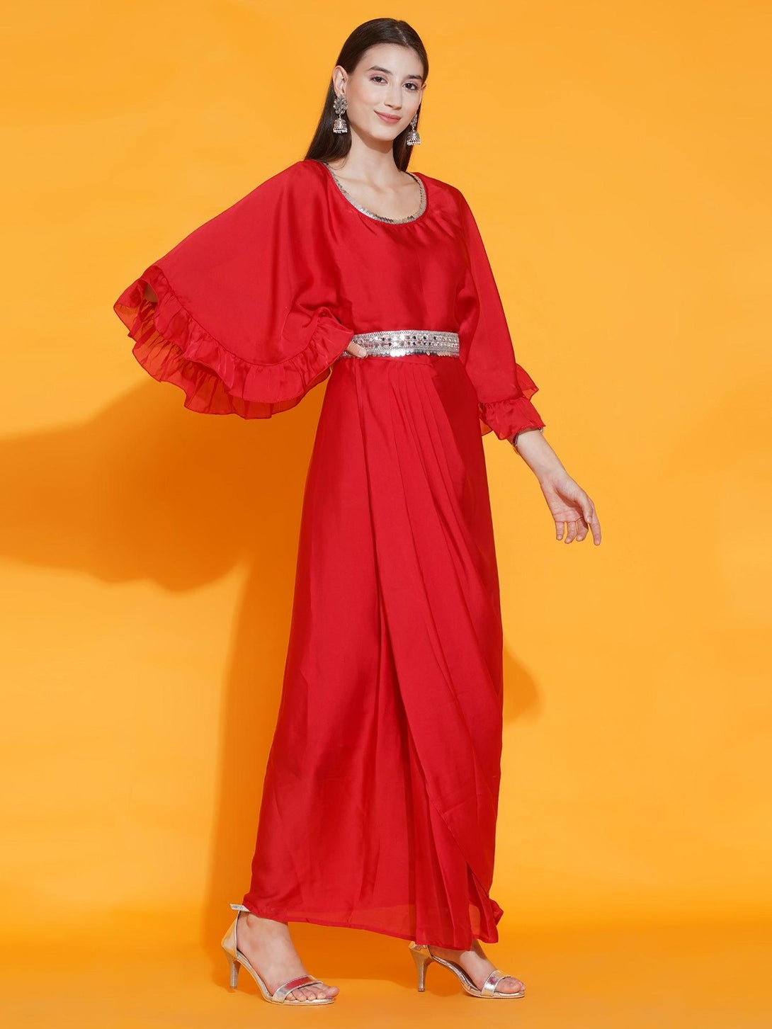 Women's Red Georgette Gown With Embellished Belt - Women Republic - Indiakreations