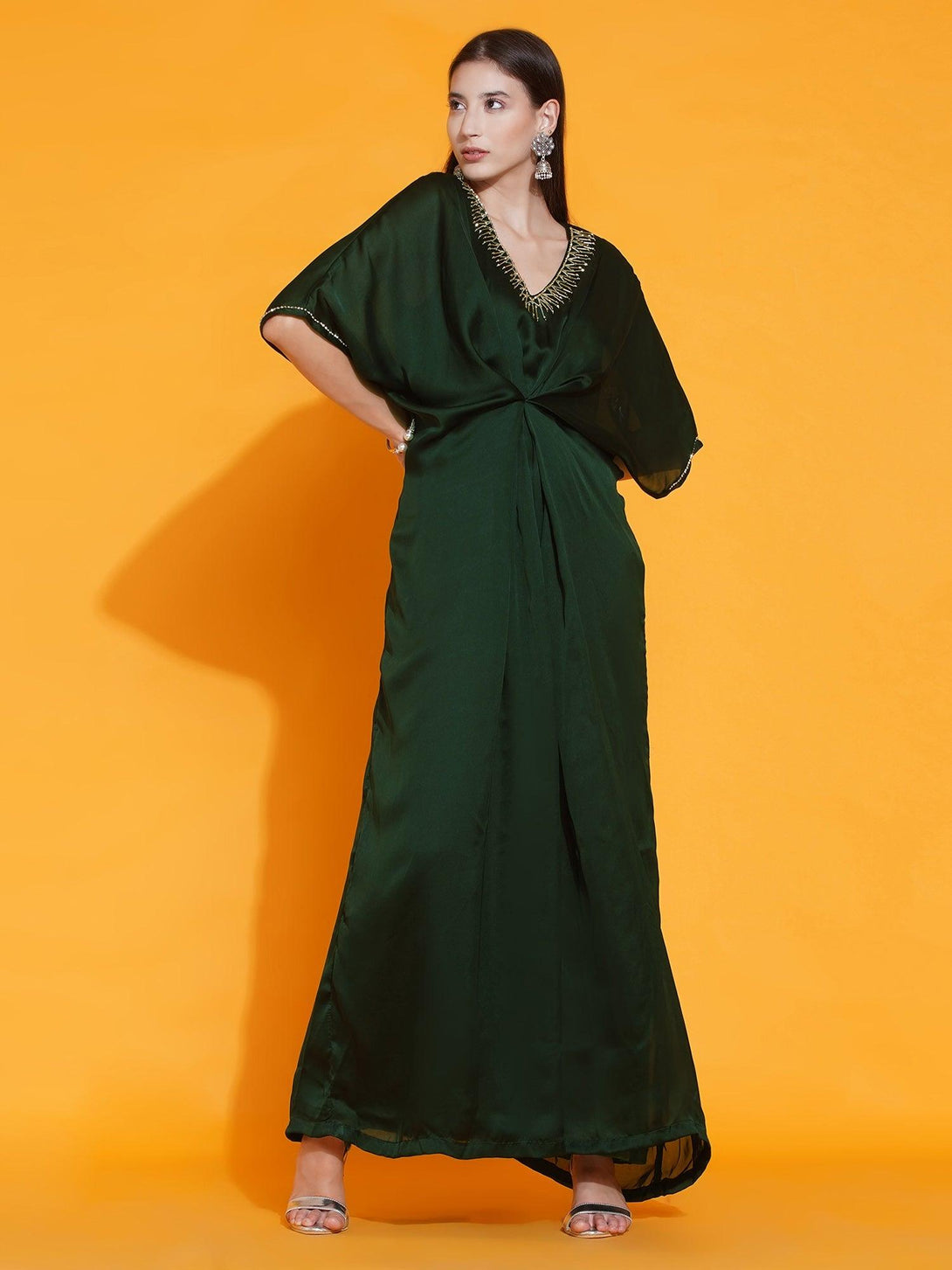 Women's Green Georgette Hand Embellished Kaftan Style Gown - Women Republic - Indiakreations