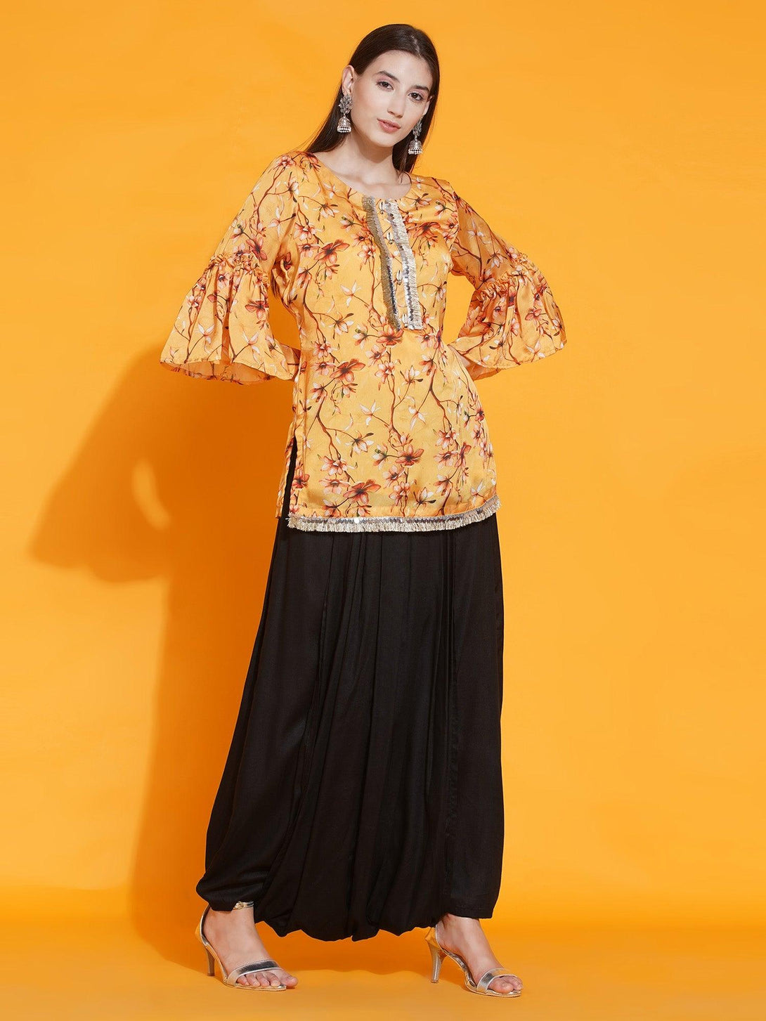 Women's Yellow Printed Satin Georgette Shirt With Bell Slevves And Dhoti - Women Republic - Indiakreations