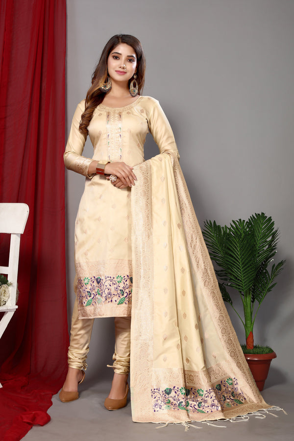 Women's White Paithani Dress Mateiral Collection - Dwija Fashion