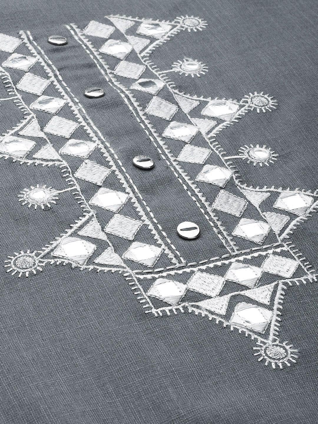 Women Grey Yoke Design Mirror Work Straight Kurta - Indiakreations