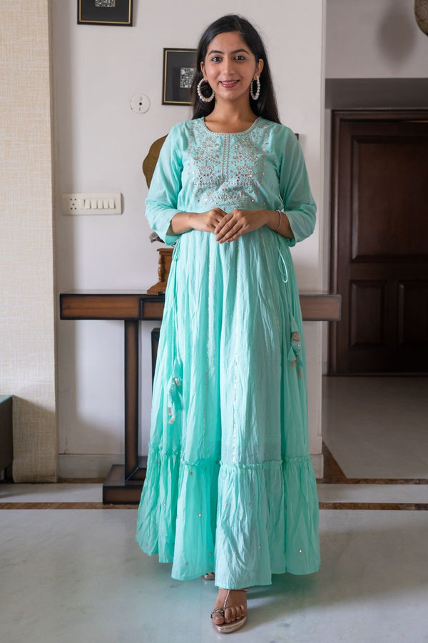 Women's Green Mirror Embroidery Anarkali Kurta - KAAJH