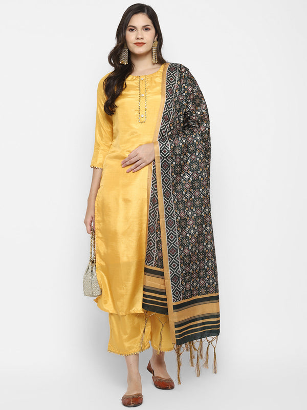 Women's Yellow Color Silk Blend Straight Kurta Palazzo With Dupatta - VAABA