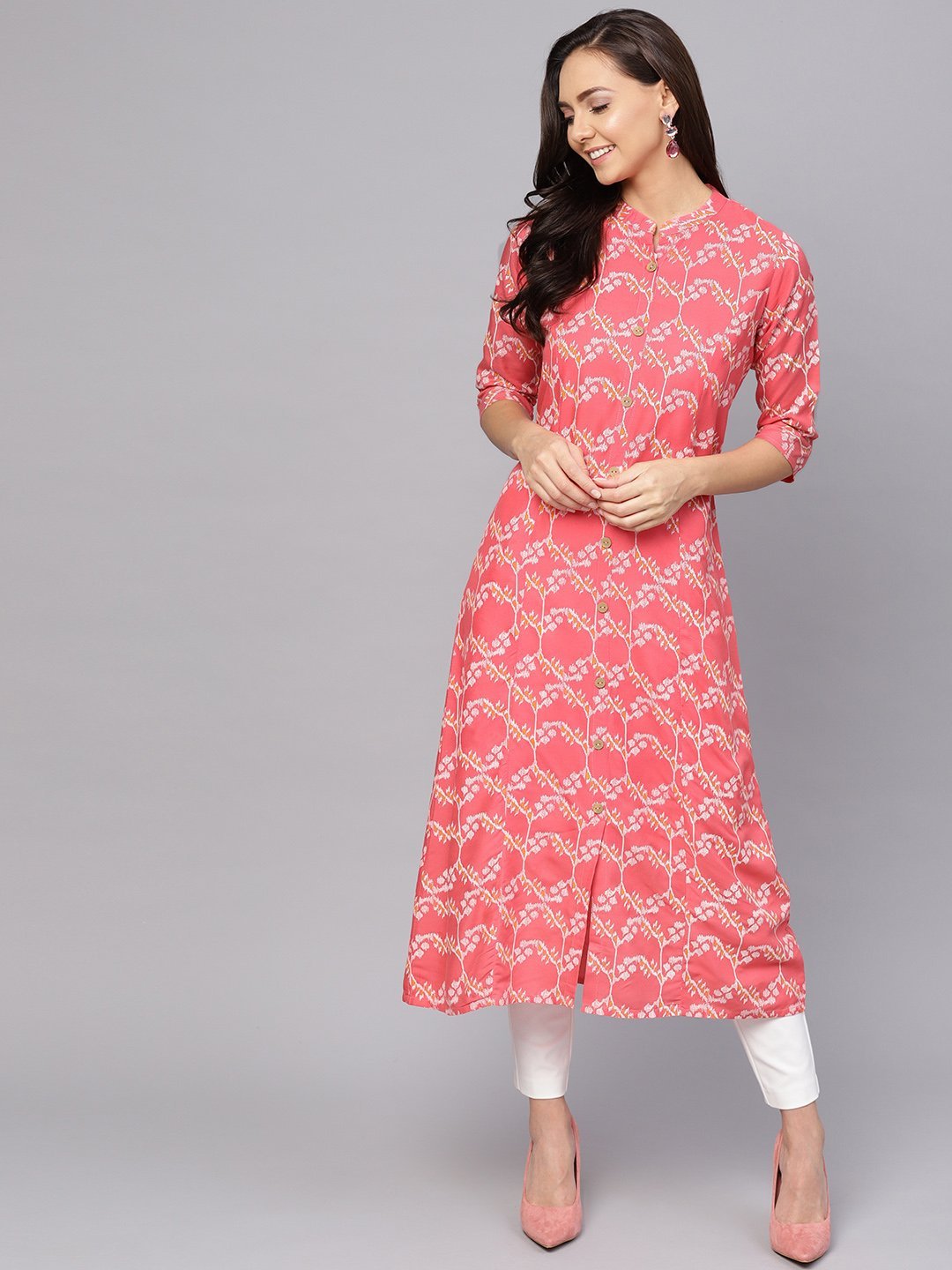 Women Coral Pink A-Line Kurta by Anubhutee (1pc)