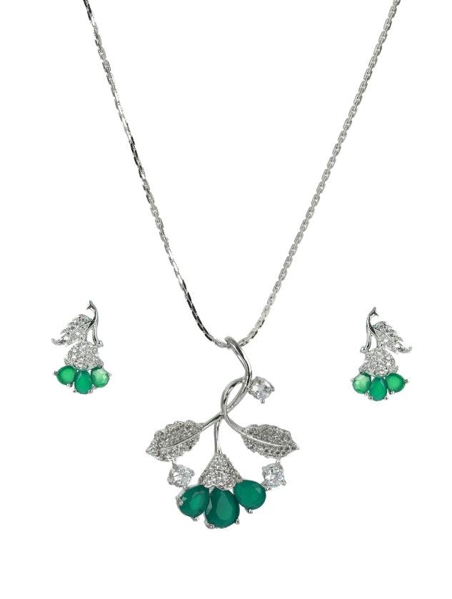 Women's Green American Diamond Silver Plated Statement Pendant & Earring Set - Jazz And Sizzle - Indiakreations