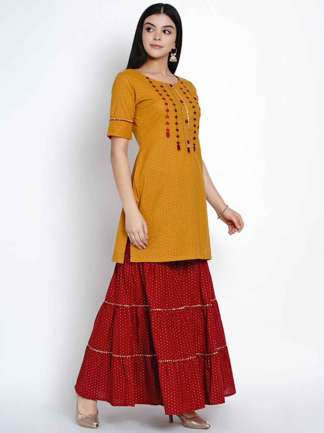 Women's Mustard Embroidered Kurta with Sharara - Women Republic - Indiakreations