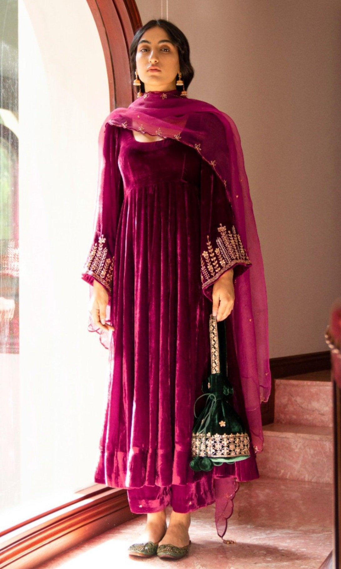 Bareen Embroidered - Deep Orchid Velvet Anarkali With Palazzo And Organza Dupatta - Set of 3 - RTS - Indiakreations