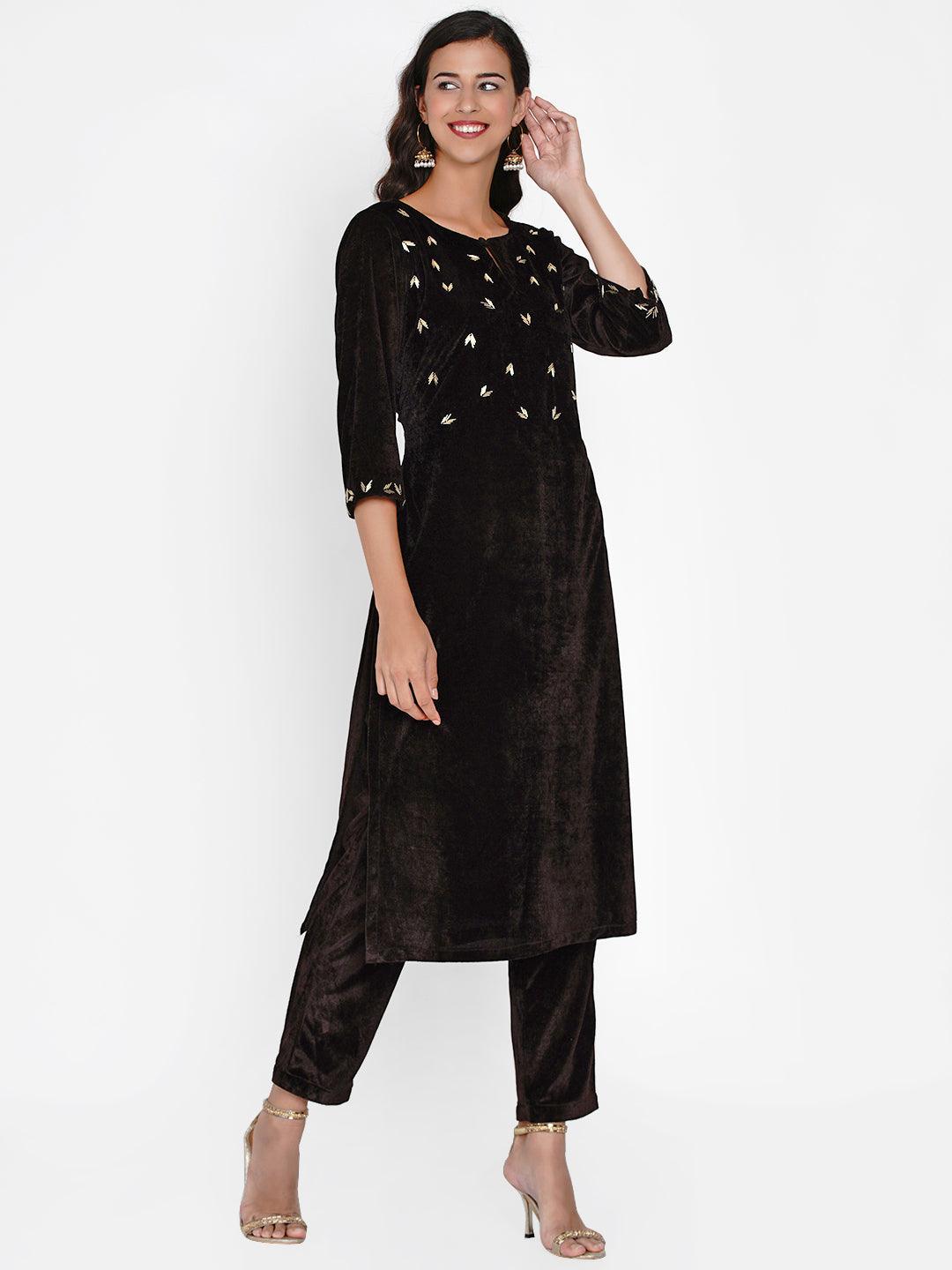 Women's Brown Hand Embellished Velvet Kurta Set - Women Republic - Indiakreations