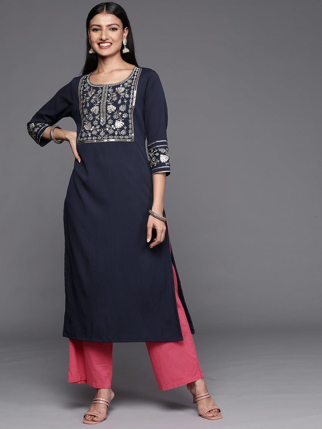 Varanga Women Navy Blue Ethnic Motifs Yoke Design Sequined Kurta - Indiakreations