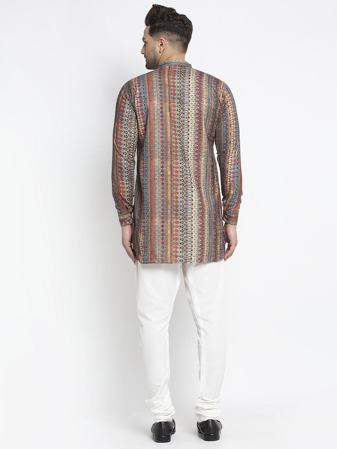 Men's Multicolored Printed Short Kurta With White Pyjama - Benstoke - Indiakreations