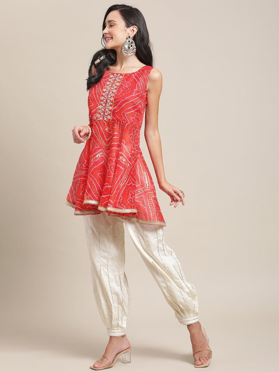 Red And Gold Bandhej Foil Printed Tunic With Zari Embroidery And Gota Embellished Dhoti Pants - Indiakreations