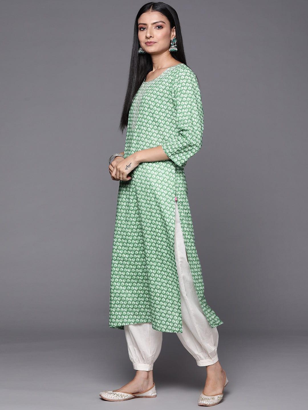 Varanga Women Green Floral Printed Thread Work Floral Kurta - Indiakreations