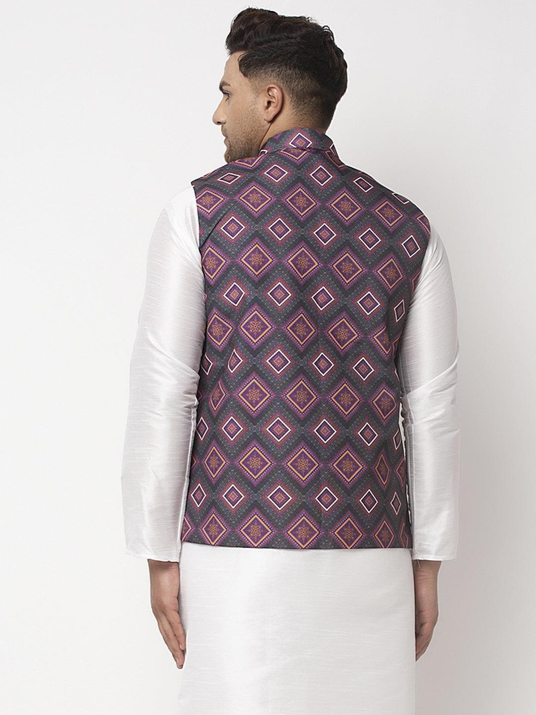 Men's Charcoal Grey & Purple Printed Nehru Jacket - Benstoke - Indiakreations