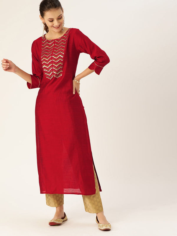 Women's Maroon & Green Solid Straight Kurta - Varanga