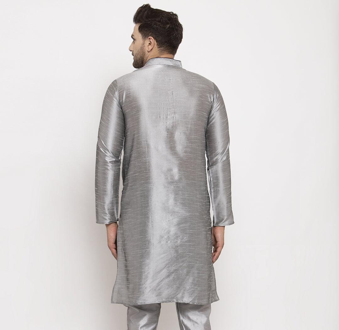 Men's Silk Blend Grey Straight Long Kurta - Benstoke - Indiakreations