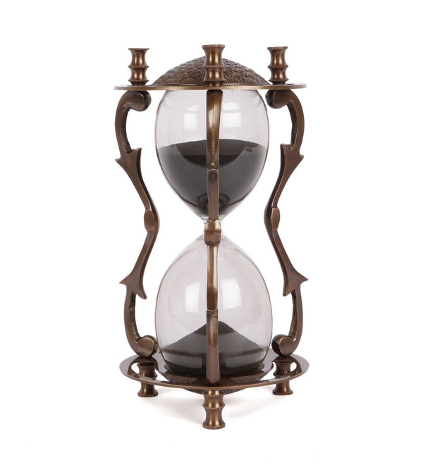 Antique Brass Black Sand Timer With Twigs Pillar - Exim Décor