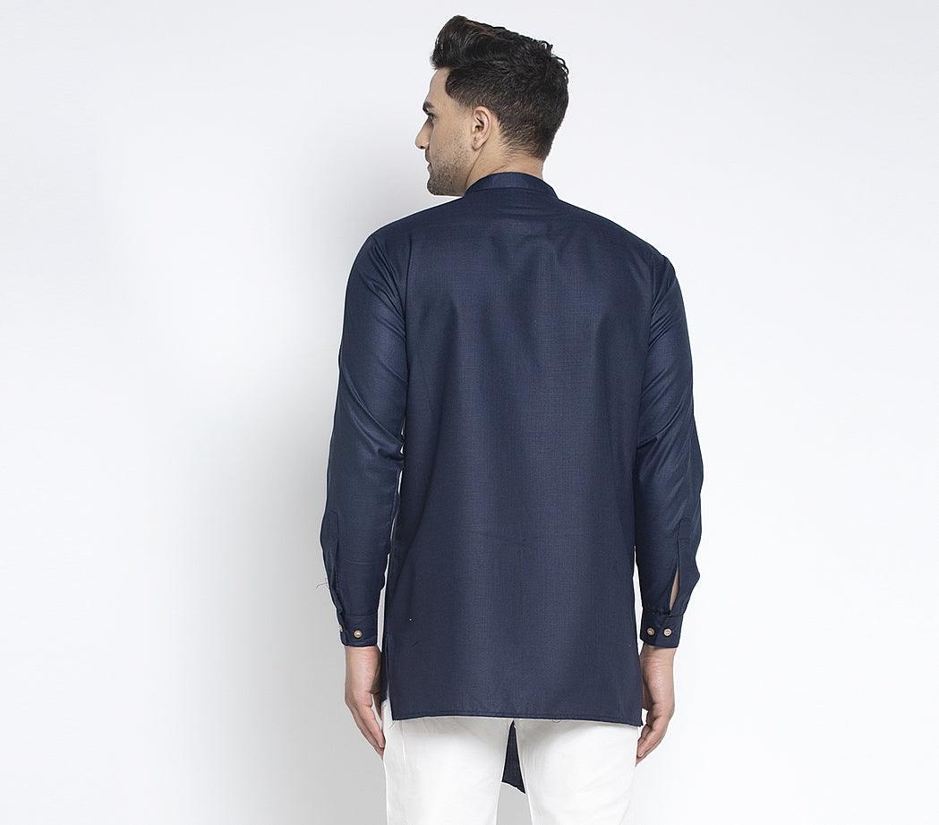 Men's Navy Blue Solid Short Kurta - Benstoke - Indiakreations