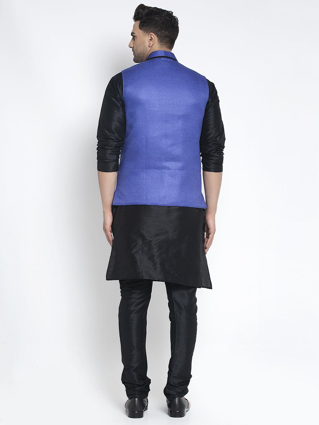 Men's Silk Blend Black Kurta With Pyjama & Royal Blue Nehru Jacket - Benstoke - Indiakreations