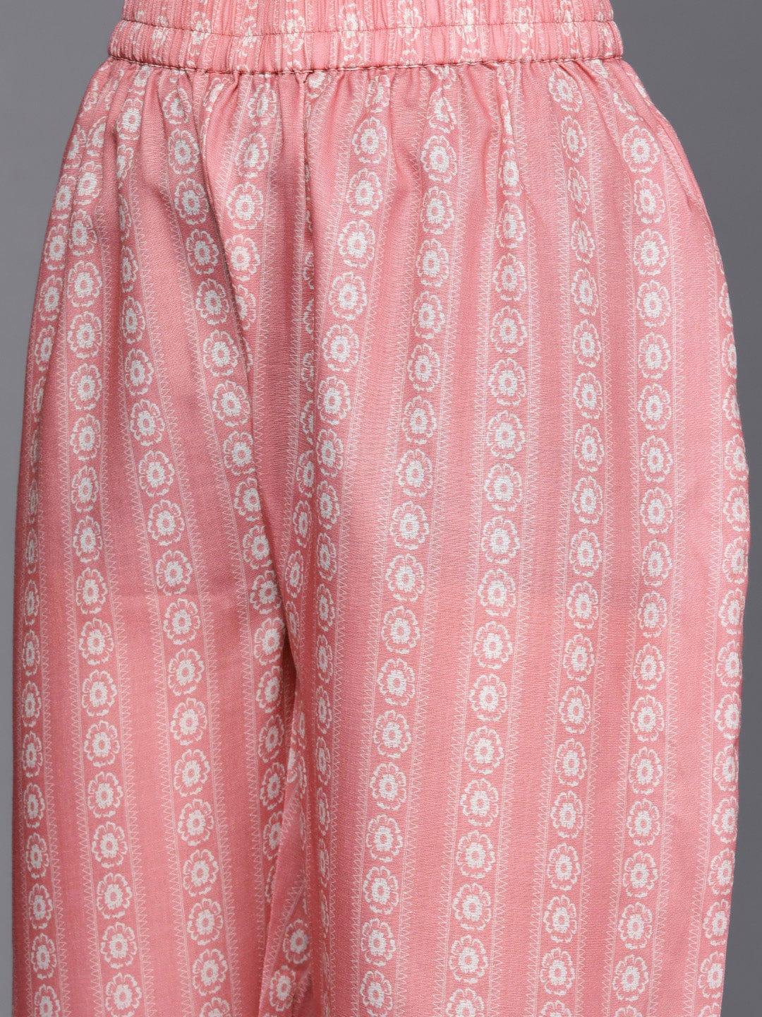 Varanga Women Pink & Off-White Floral Printed Kurta with Trousers - Indiakreations