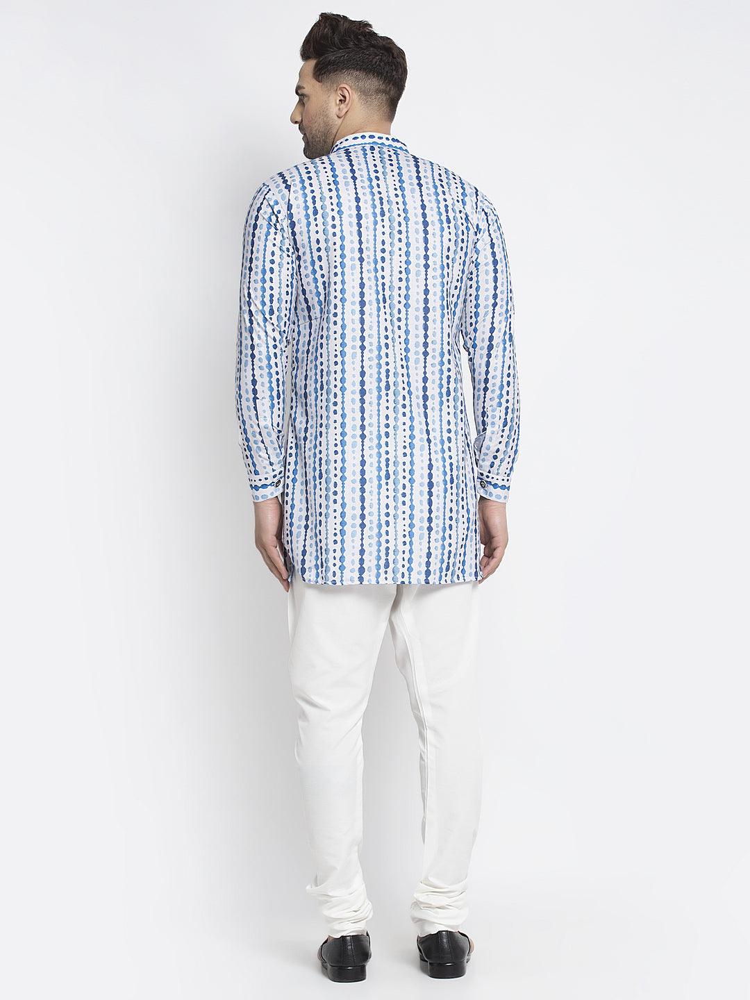 Men's Blue & White Printed Short Kurta With White Pyjama - Benstoke - Indiakreations