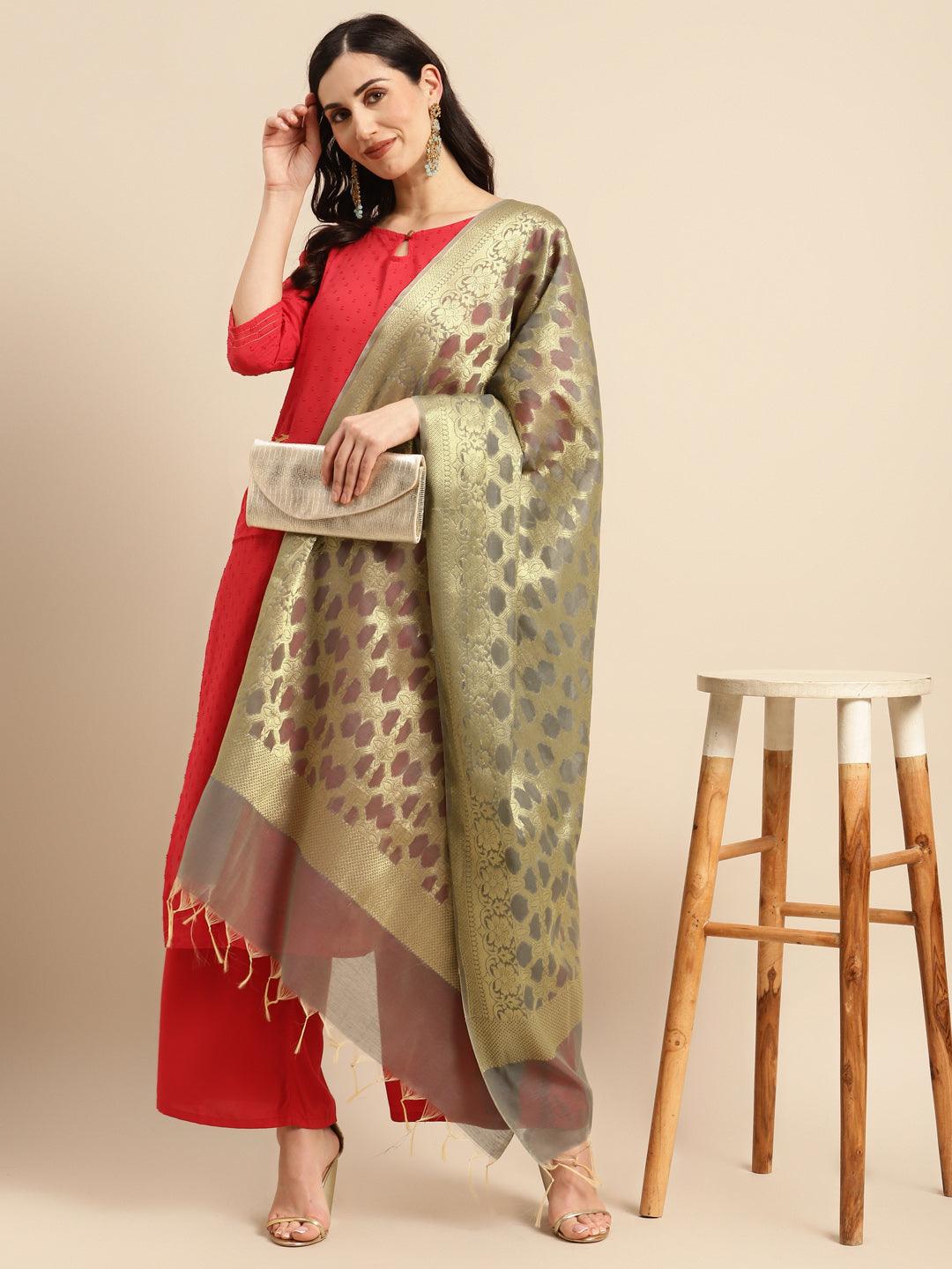 Women's Grey Color Ethnic Motifs Woven Design Dupatta With Zari - Varanasi - Indiakreations