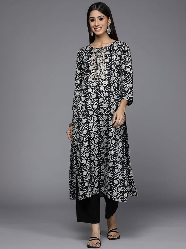 Varanga Women Black & Grey Floral Printed Zardozi Kurta - Indiakreations