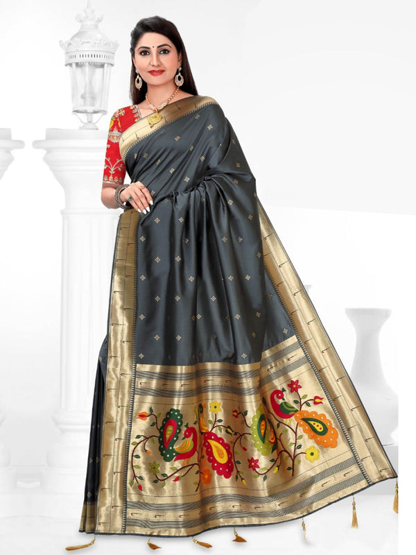 Woven with Resham and Zari in Ornamental Motifs Art Silk Saree in Grey with Red Embroidery Work Blouse