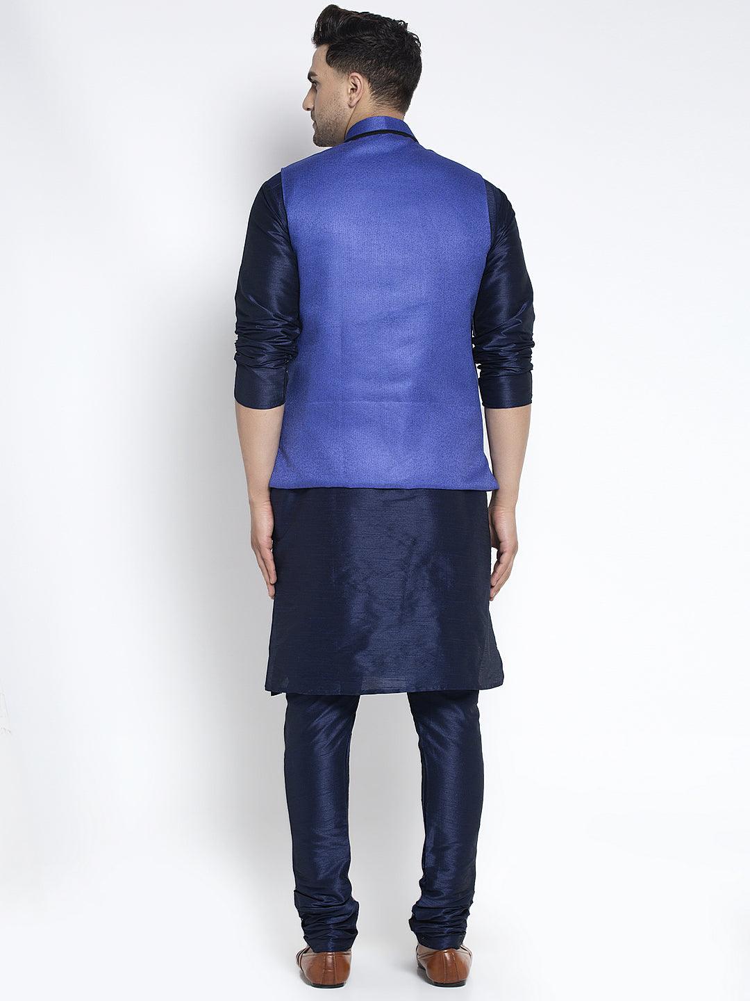 Men's Silk Blend Navy Blue Kurta With Pyjama & Royal Blue Nehru Jacket - Benstoke - Indiakreations