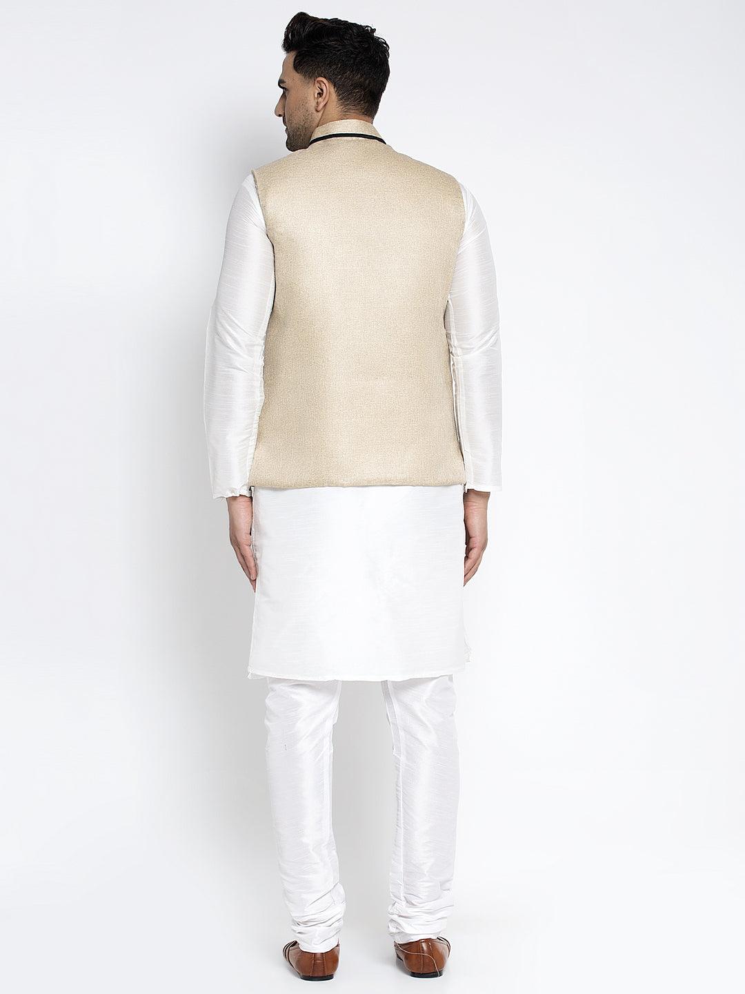 Men's Silk Blend White Kurta With Pyjama & Beige Nehru Jacket - Benstoke - Indiakreations