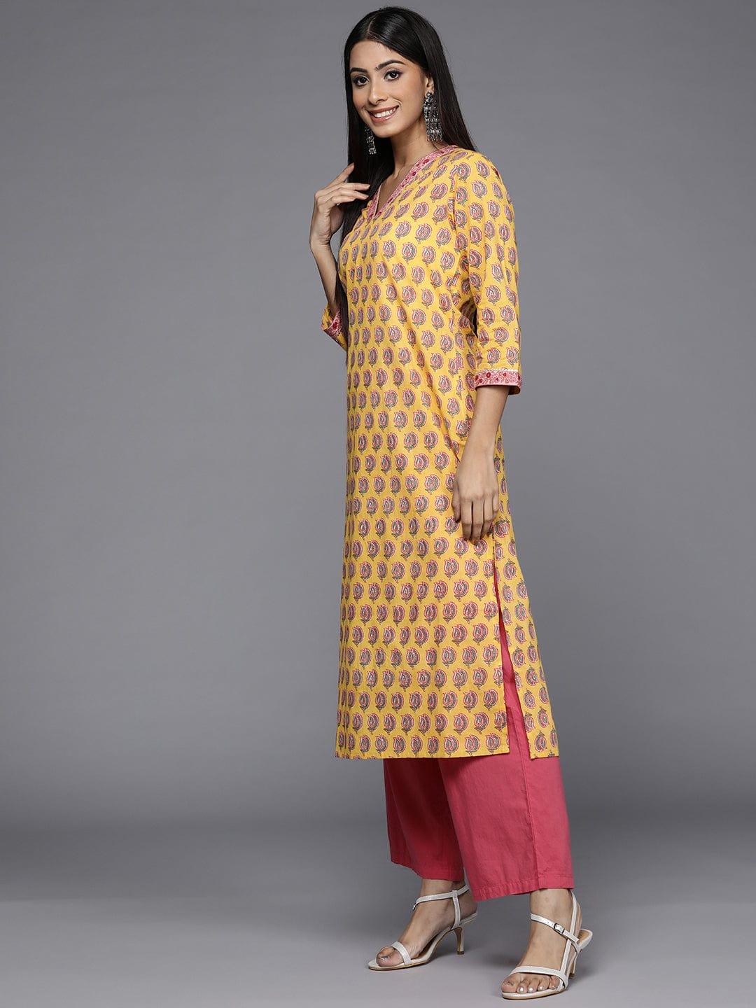 Varanga Women Yellow & Green Ethnic Motifs Printed Gotta Patti Cotton Kurta - Indiakreations