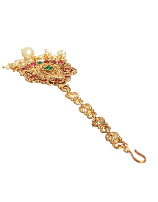 Women's Gold-Plated Green & Red Stone-Studded & Beaded Floral Temple Maang Tikka - Jazz And Sizzle - Indiakreations