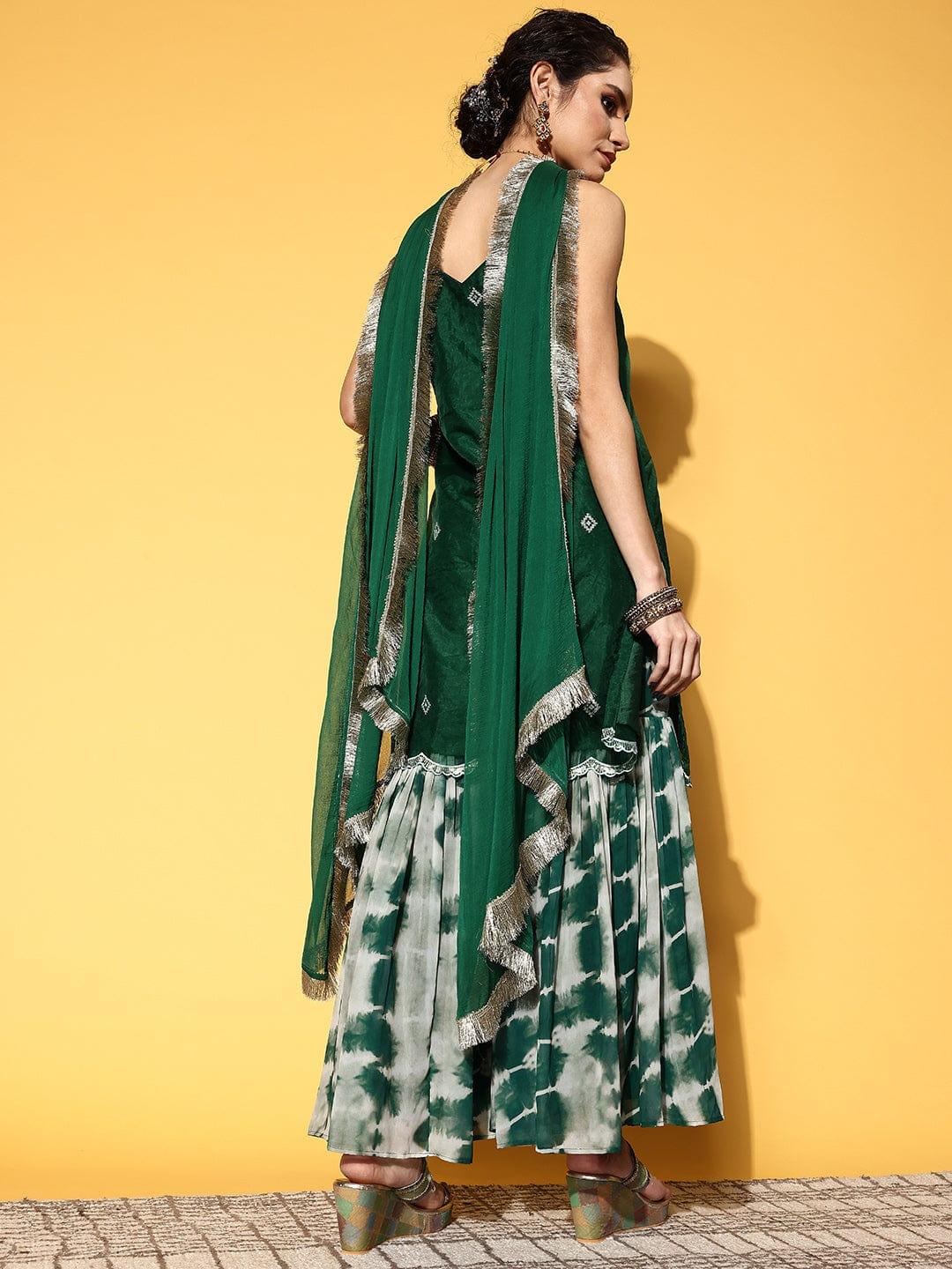 Varanga Women Green Embroidered Sequinned Kurta with Sharara & Dupatta - Indiakreations