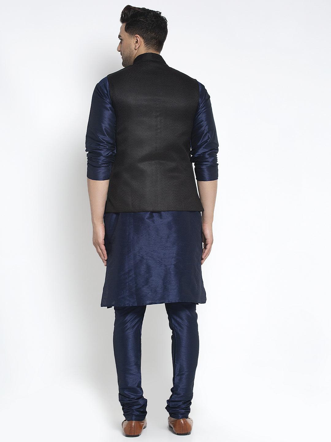 Men's Silk Blend Navy Blue Kurta With Pyjama & Black Nehru Jacket - Benstoke - Indiakreations