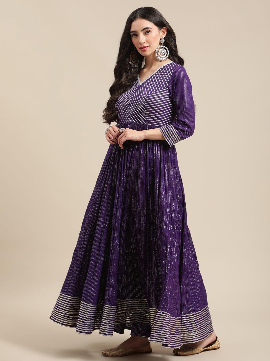 Purple Silver Lurex Anarkali With Heavy Gota Embellishment On Yoke And Hemline - Indiakreations