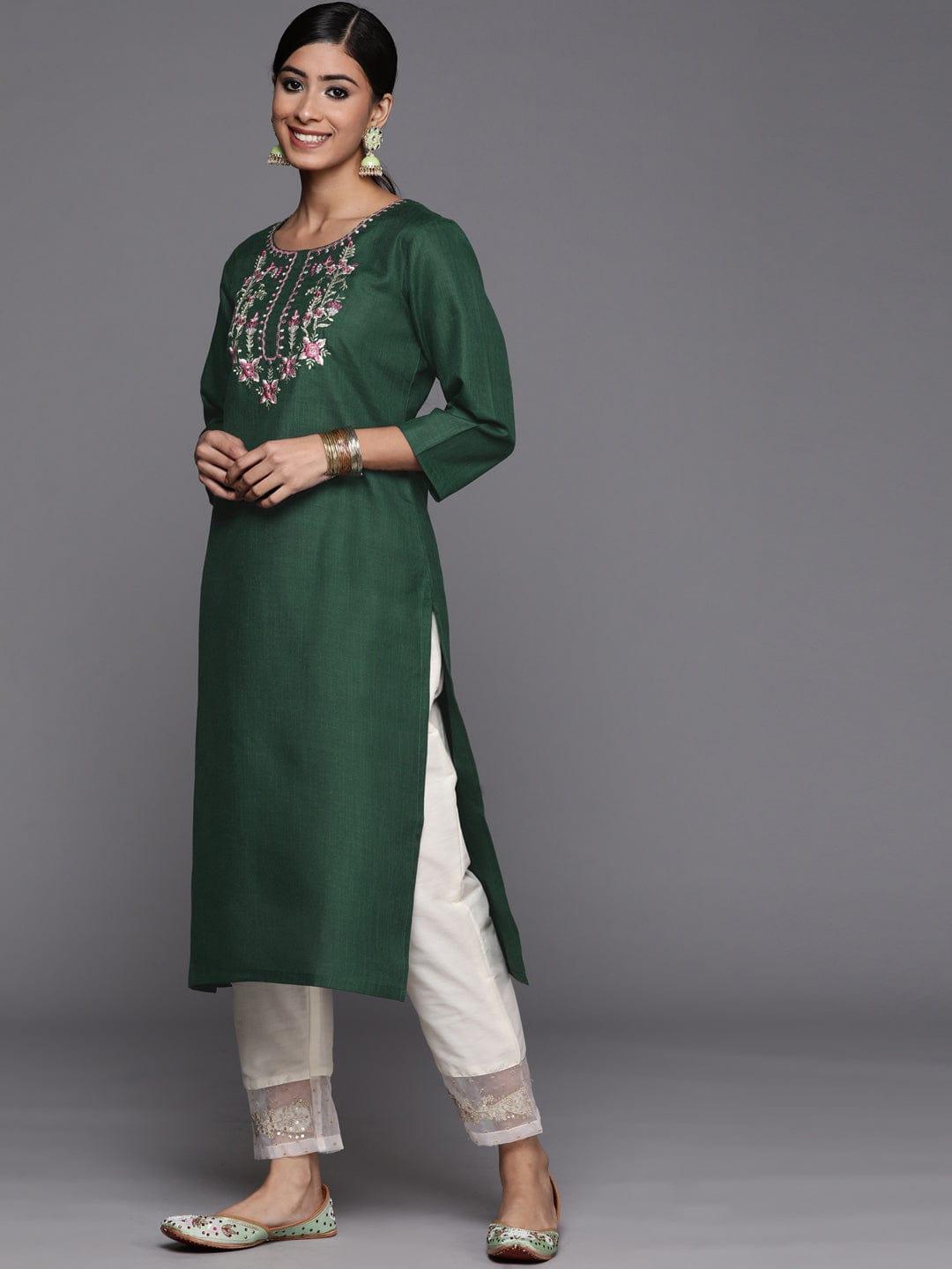 Varanga Women Green Floral Yoke Design Thread Work Floral Cotton Kurta - Indiakreations