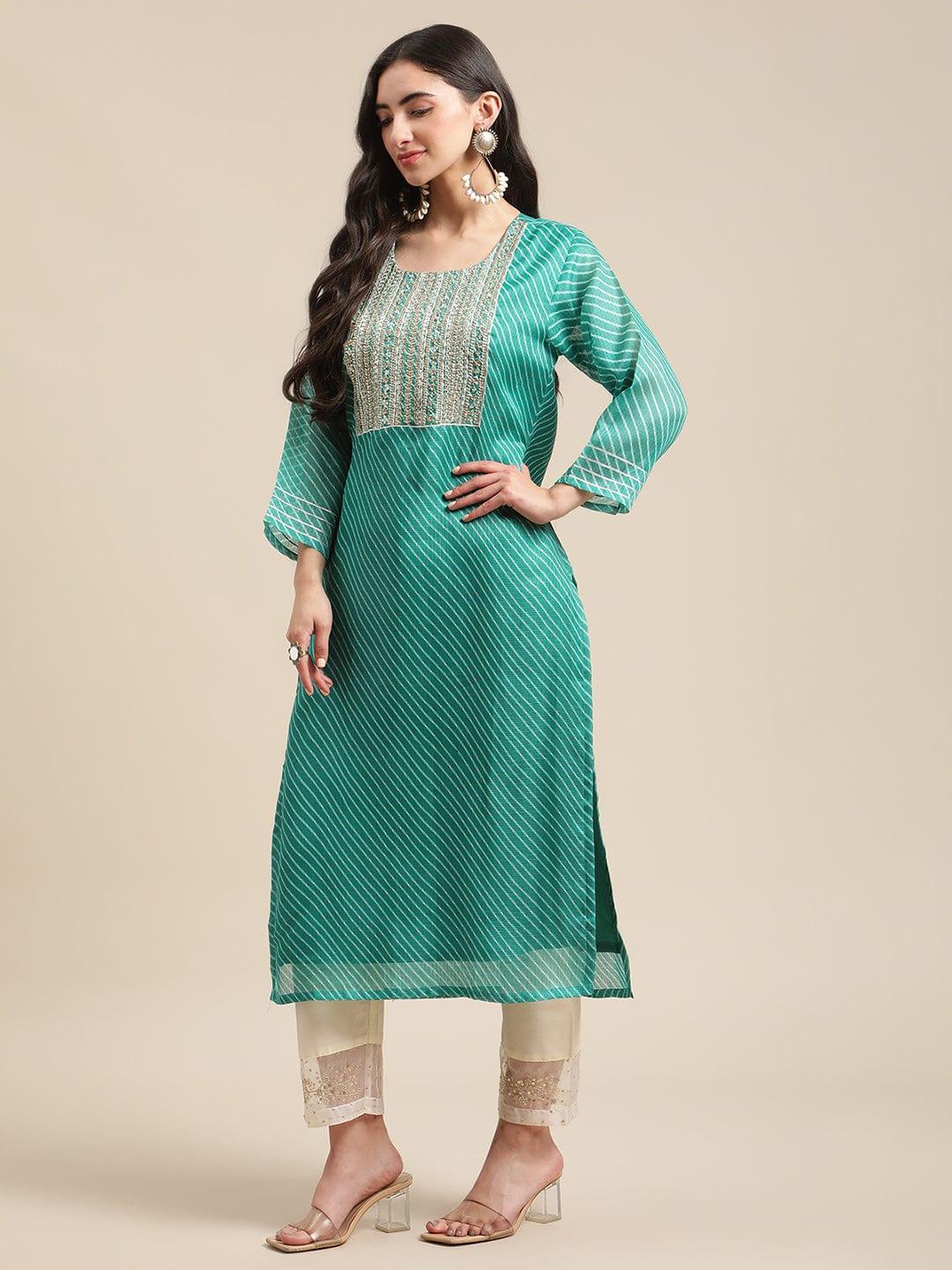 Turquoise Blue Yoke Embroidered Straight Leheriya Kurta - Indiakreations