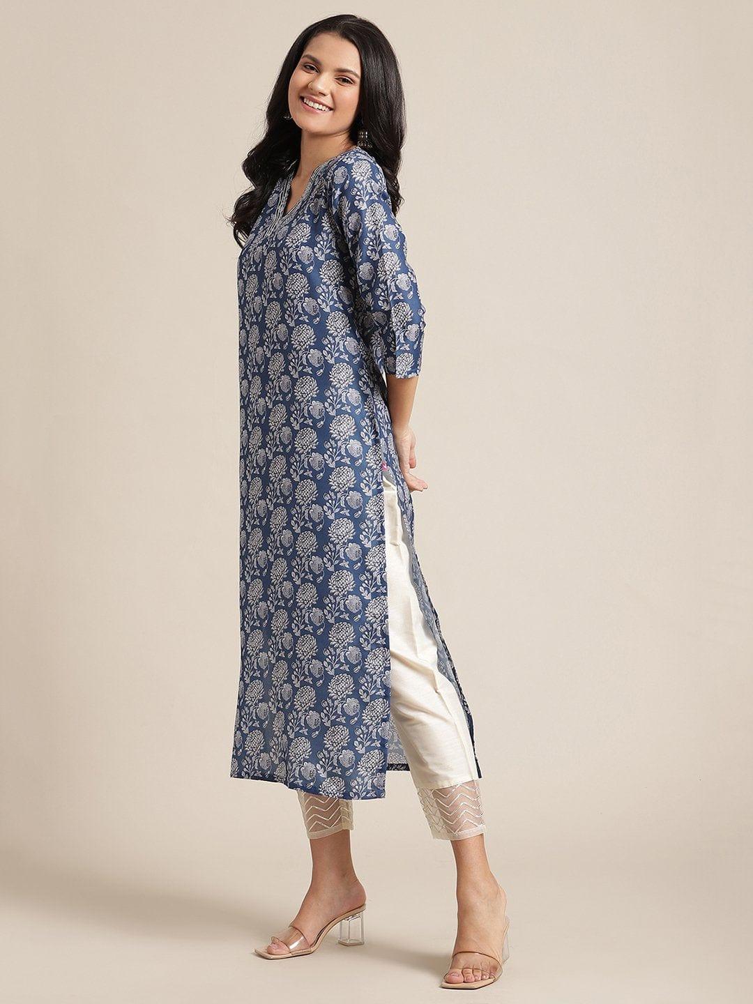 Blue Silk Floral Printed Kurta With Gota Work On Yoke And 3/4 Sleeves - Indiakreations