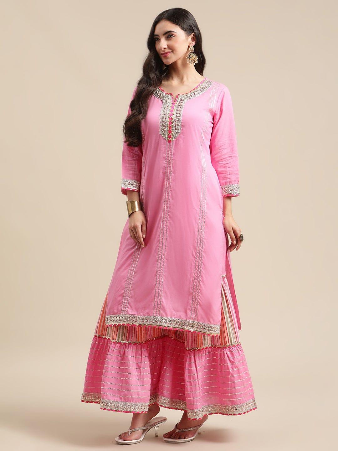 Pink Kurta Sharara Set With Leheriya Dupatta,Heavy Gota Lace Embellishment - Indiakreations