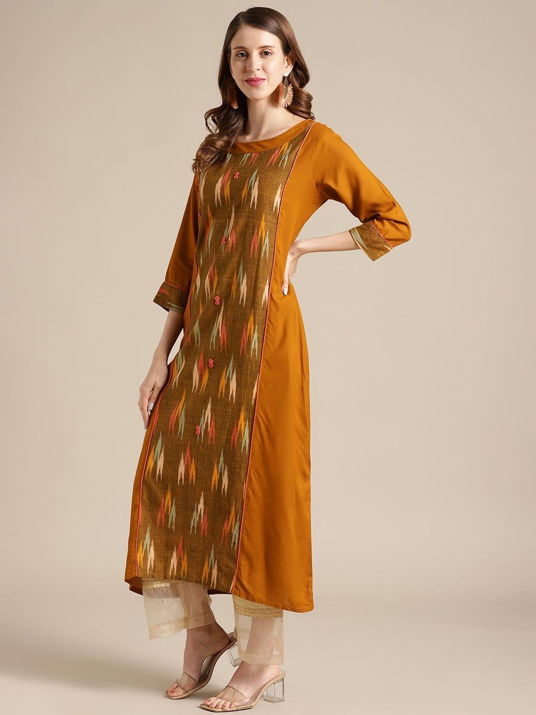 KSUT Mustard And Multi Color Ikat Woven Kurta With 3/4Th Sleeves - Indiakreations