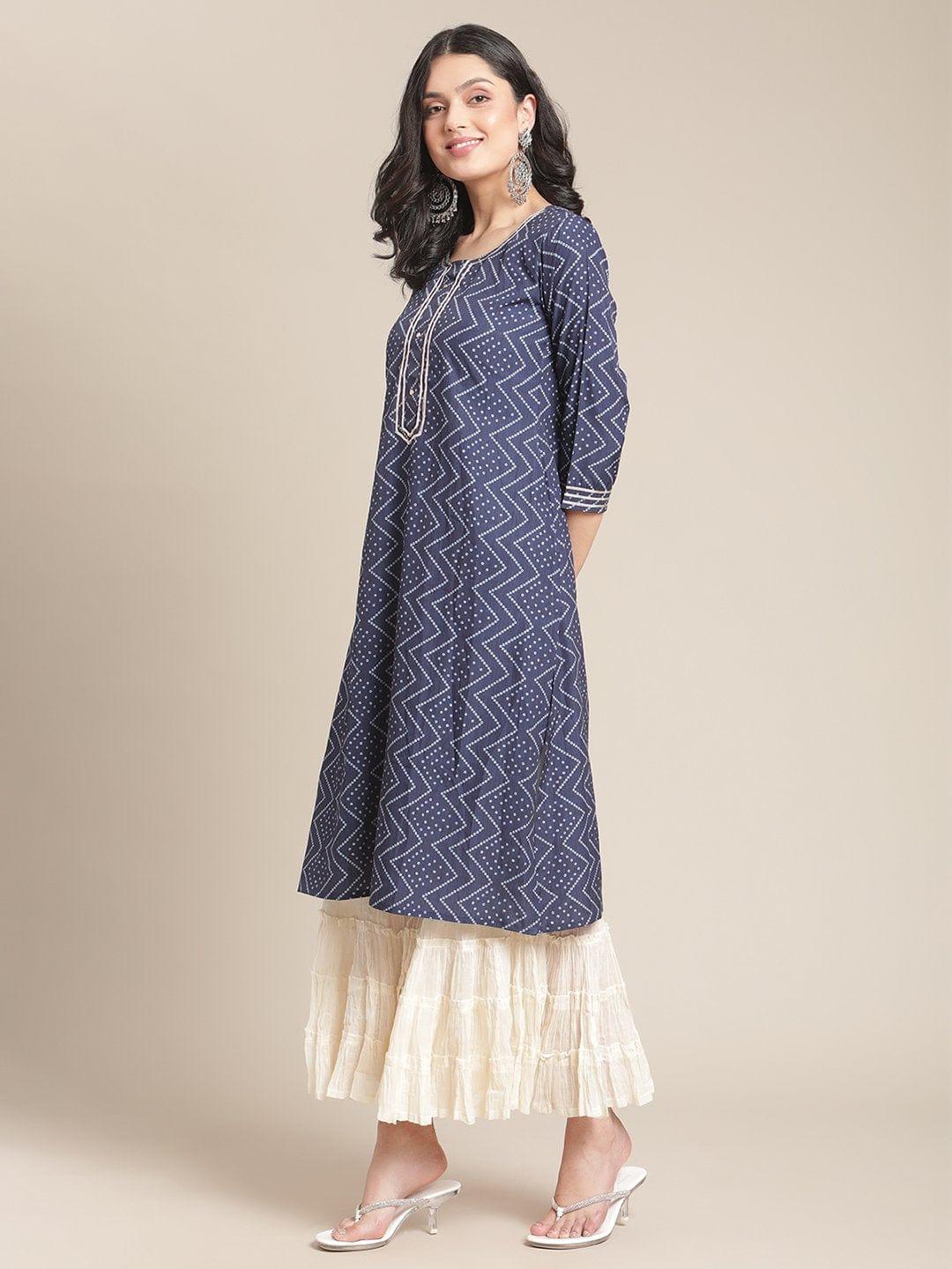 Blue And White Bandhej Kurta With Gota Embellishment - Indiakreations